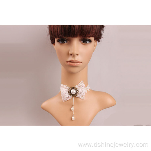 Fashion White Lace Necklace Bowknot Pearl Lace Bib Necklace